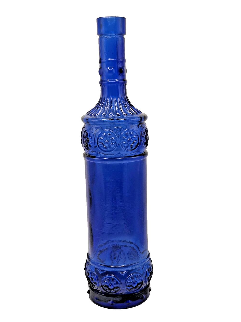 Cobalt Blue Embossed Pressed Glass Bottle Decanter Decorative 12"
